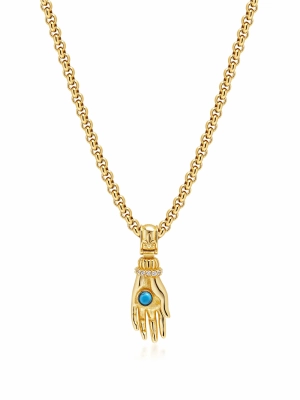 Men's Hand Pendant with a Small Turquoise Gemstone in Gold