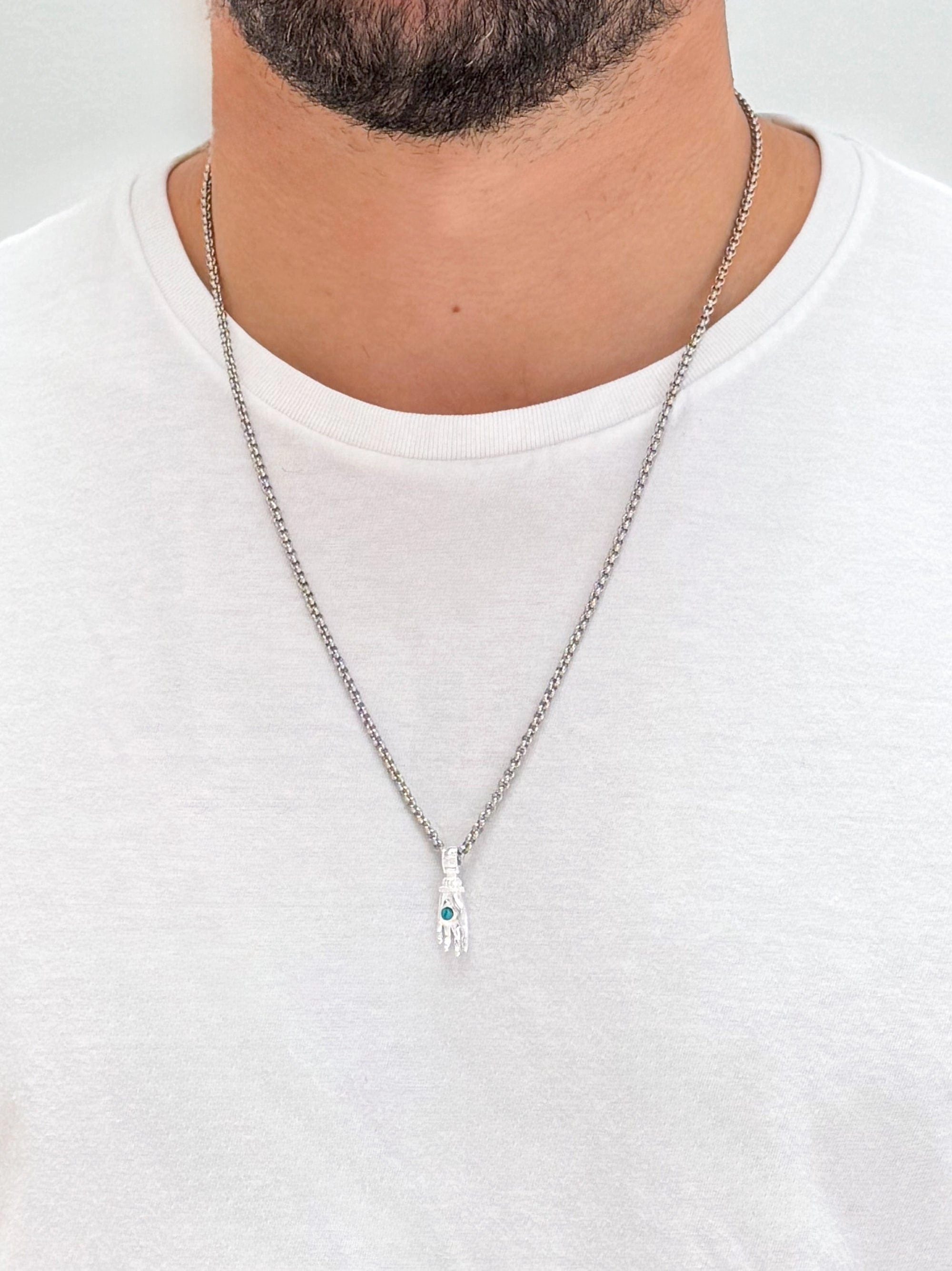 Men's Hand Pendant with a Small Turquoise Gemstone in Silver