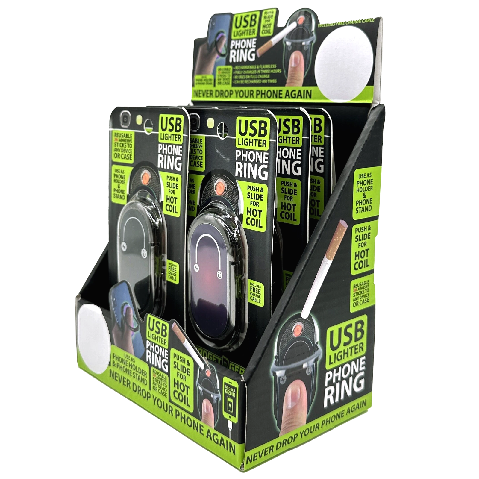 Ring Phone Holder with USB Coil Lighter - 6 Pieces Per Retail Ready Display 22087