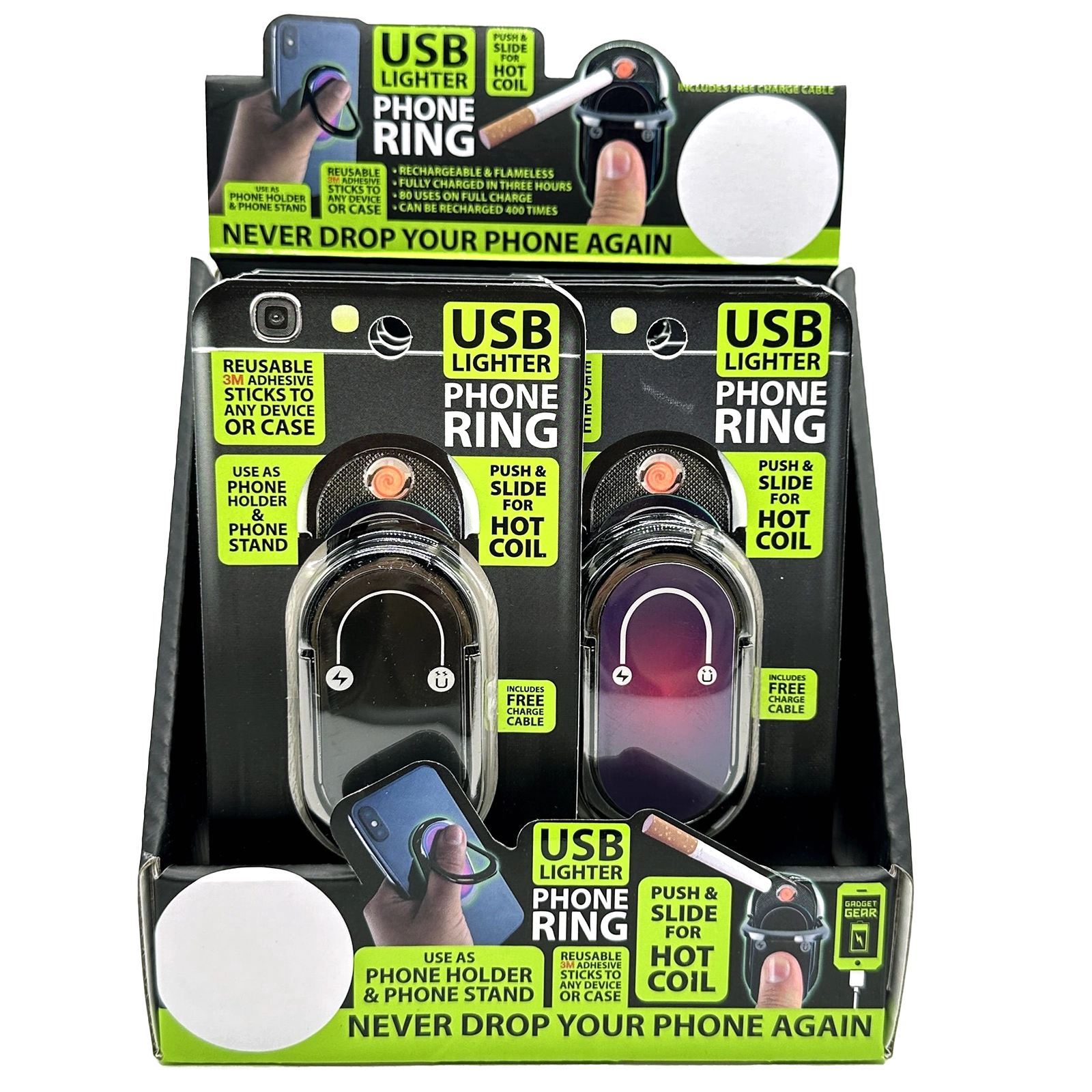 Ring Phone Holder with USB Coil Lighter - 6 Pieces Per Retail Ready Display 22087