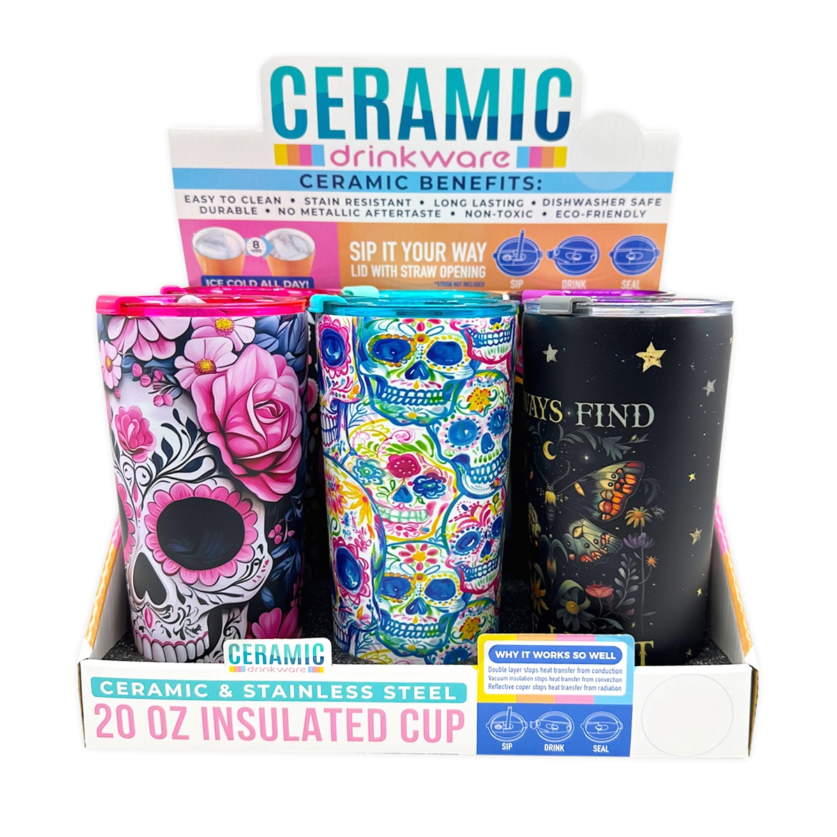 SipTrendz Ceramic 20oz Insulated Cups - 6 Pieces Per Retail Ready Display 25809