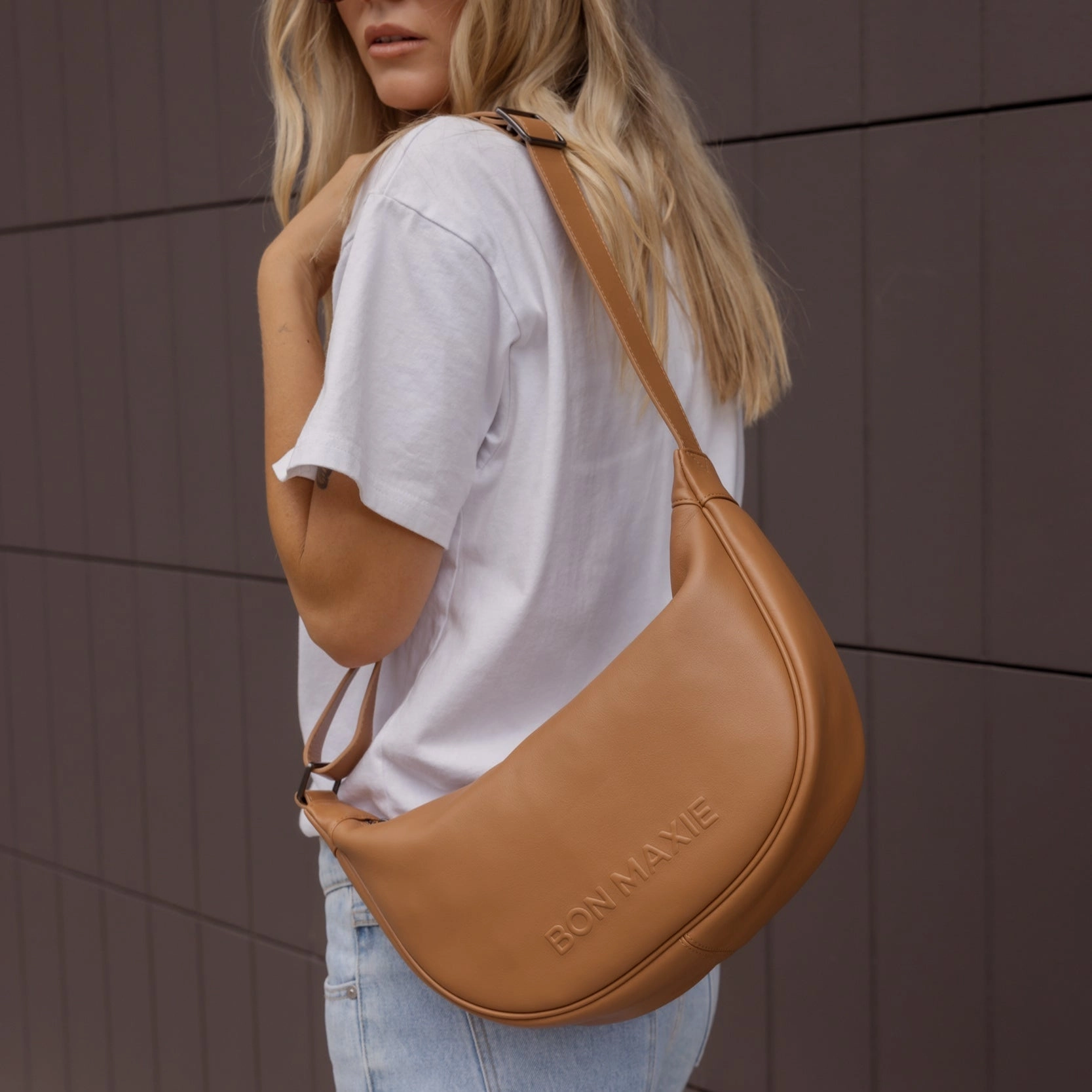 Slouchy Leather Crescent Crossbody Bag -- Tan