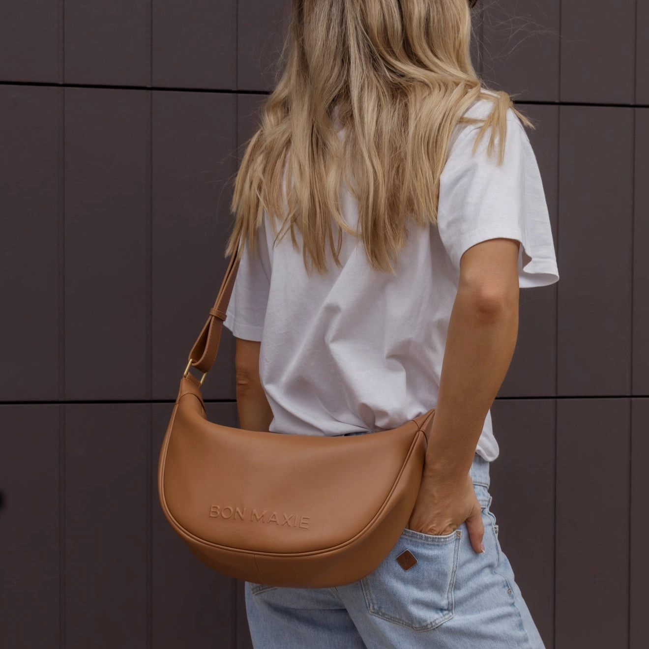 Slouchy Leather Crescent Crossbody Bag -- Tan