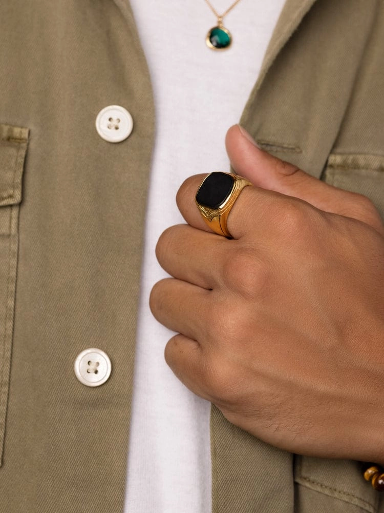 Vintage Gold Sterling Silver Signet Ring with Matte Onyx